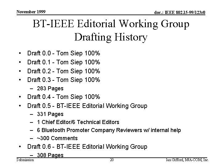 November 1999 doc. : IEEE 802. 15 -99/123 r 0 BT-IEEE Editorial Working Group