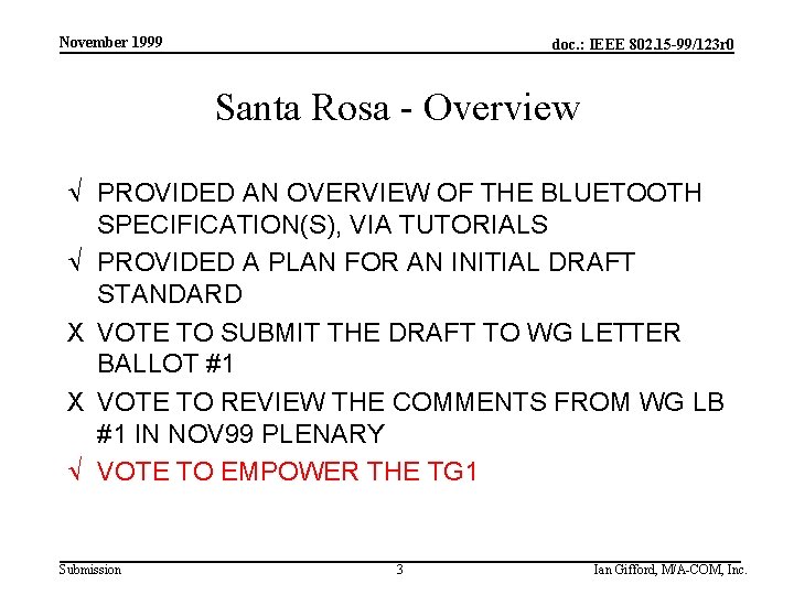 November 1999 doc. : IEEE 802. 15 -99/123 r 0 Santa Rosa - Overview