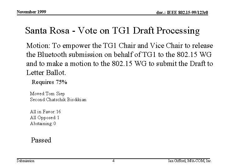 November 1999 doc. : IEEE 802. 15 -99/123 r 0 Santa Rosa - Vote