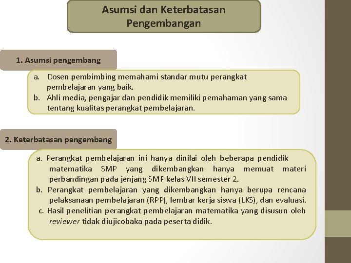 Asumsi dan Keterbatasan Pengembangan 1. Asumsi pengembang a. Dosen pembimbing memahami standar mutu perangkat