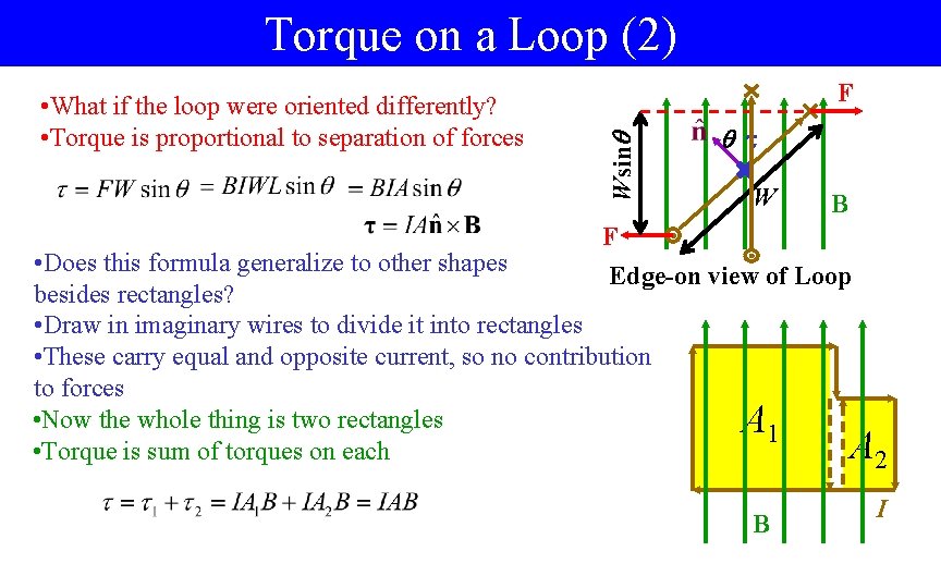 Torque on a Loop (2) Wsin F W B F Edge-on view of Loop