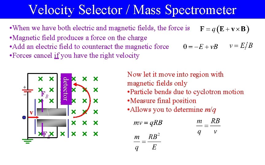 Velocity Selector / Mass Spectrometer • When we have both electric and magnetic fields,
