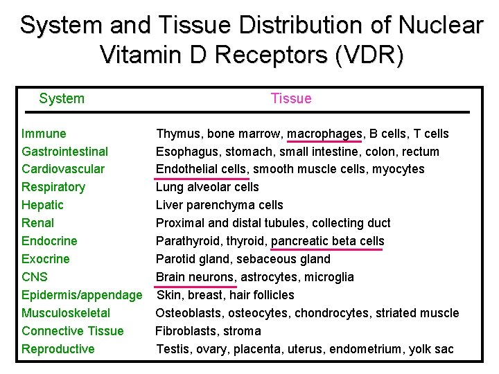 System and Tissue Distribution of Nuclear Vitamin D Receptors (VDR) System Immune Gastrointestinal Cardiovascular