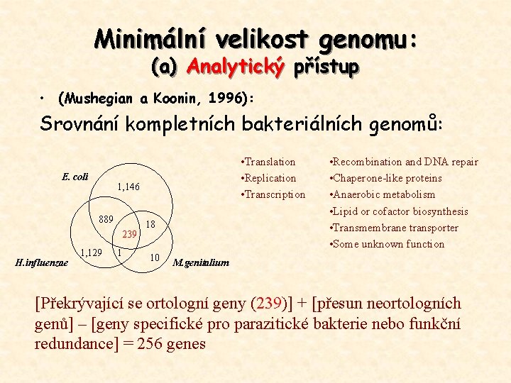 Minimální velikost genomu: (a) Analytický přístup • (Mushegian a Koonin, 1996): Srovnání kompletních bakteriálních