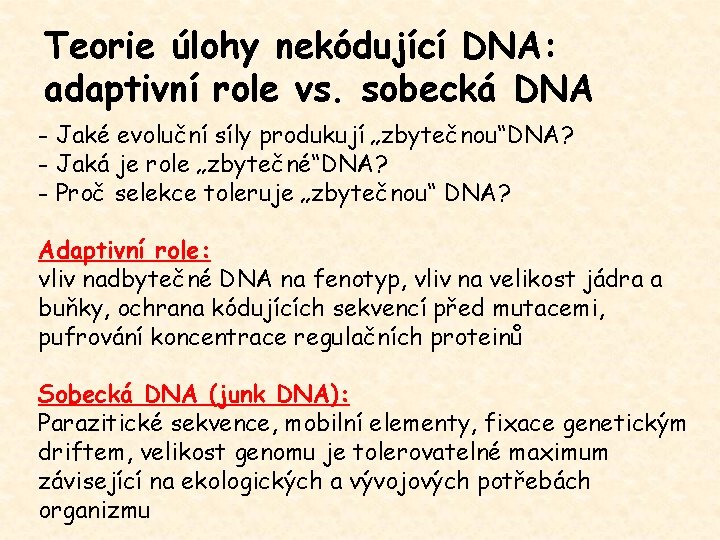 Teorie úlohy nekódující DNA: adaptivní role vs. sobecká DNA - Jaké evoluční síly produkují