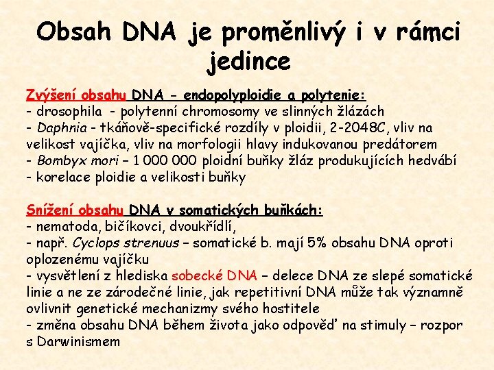 Obsah DNA je proměnlivý i v rámci jedince Zvýšení obsahu DNA - endopolyploidie a