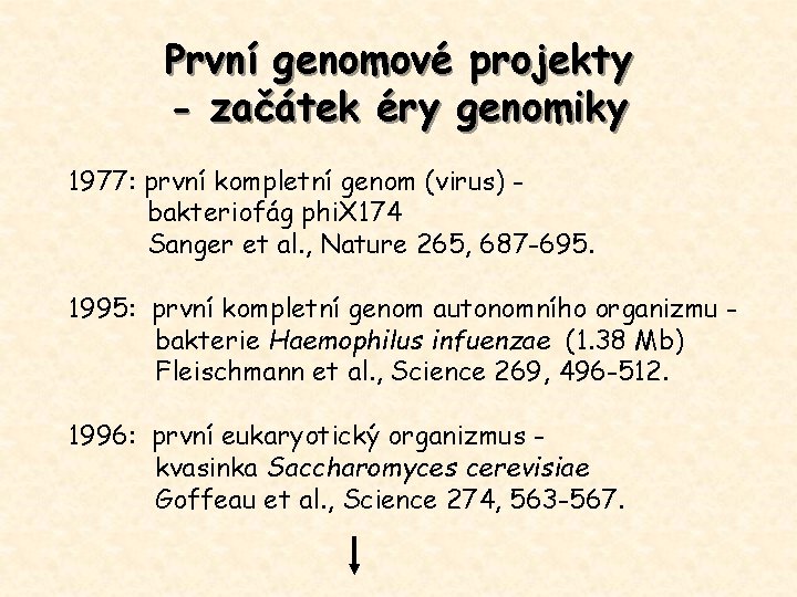 První genomové projekty - začátek éry genomiky 1977: první kompletní genom (virus) bakteriofág phi.