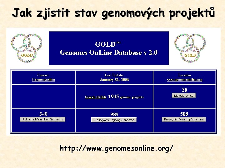 Jak zjistit stav genomových projektů http: //www. genomesonline. org/ 