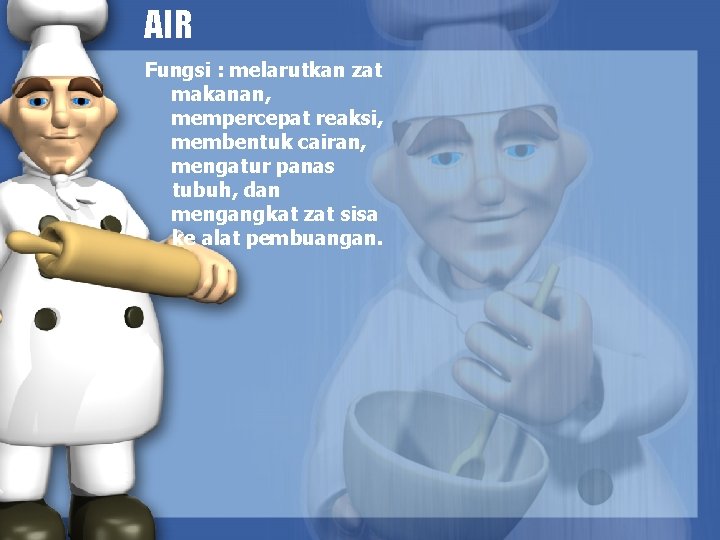 AIR Fungsi : melarutkan zat makanan, mempercepat reaksi, membentuk cairan, mengatur panas tubuh, dan