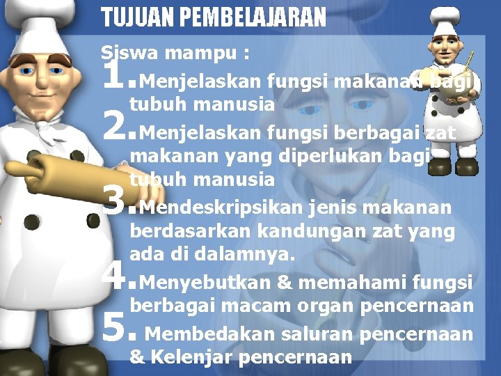 TUJUAN PEMBELAJARAN Siswa mampu : Menjelaskan fungsi makanan bagi tubuh manusia Menjelaskan fungsi berbagai