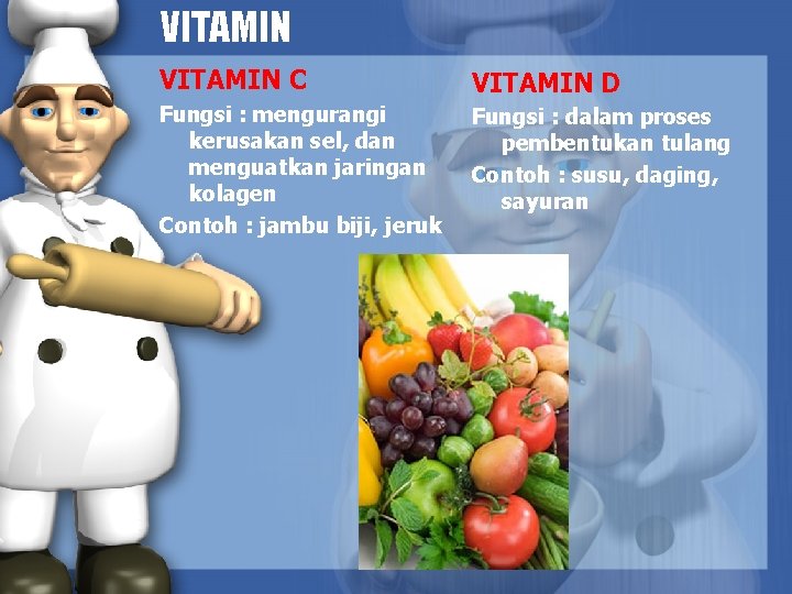 VITAMIN C VITAMIN D Fungsi : mengurangi kerusakan sel, dan menguatkan jaringan kolagen Contoh