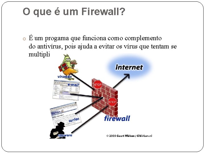 O que é um Firewall? o É um progama que funciona como complemento do