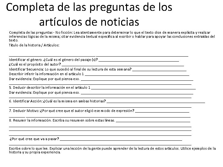 Completa de las preguntas de los artículos de noticias Completa de las preguntas -