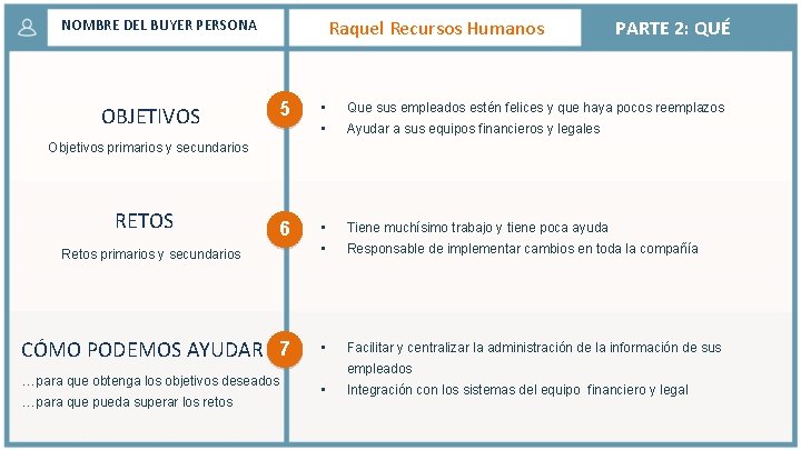 Raquel Recursos Humanos NOMBRE DEL BUYER PERSONA OBJETIVOS 5 PARTE 2: QUÉ • •