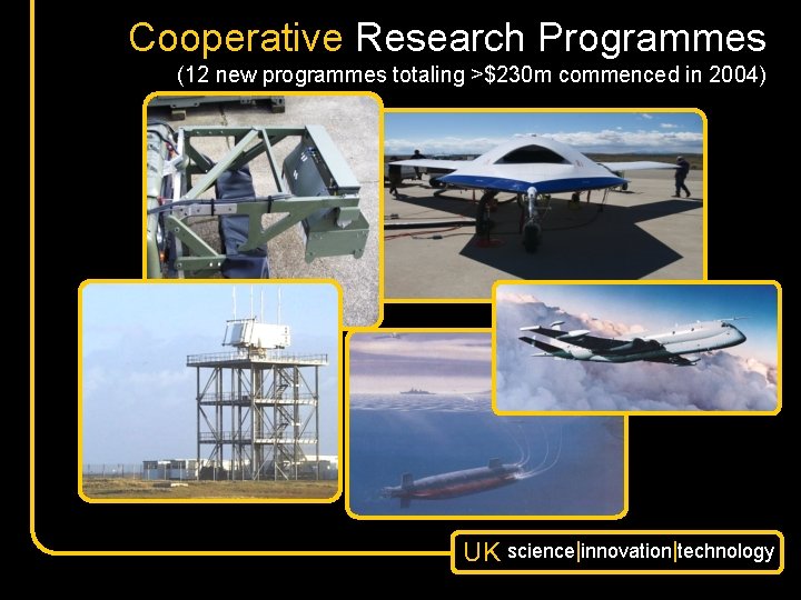 Cooperative Research Programmes (12 new programmes totaling >$230 m commenced in 2004) UK science|innovation|technology