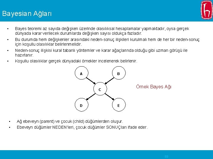 Bayesian Ağları • Bayes teoremi az sayıda değişken üzerinde olasılıksal hesaplamalar yapmaktadır, oysa gerçek