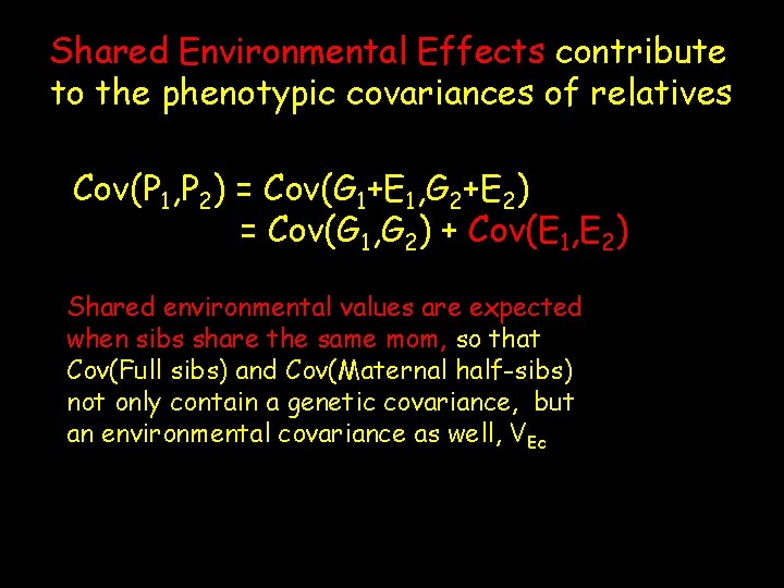 Shared Environmental Effects contribute to the phenotypic covariances of relatives Cov(P 1, P 2)
