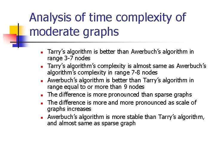 Analysis of time complexity of moderate graphs n n n Tarry’s algorithm is better