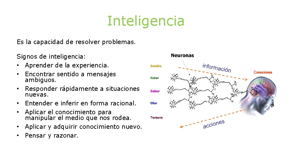 Inteligencia Es la capacidad de resolver problemas. Signos de inteligencia: • Aprender de la