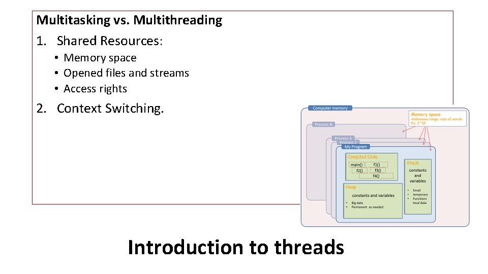 Multitasking vs. Multithreading 1. Shared Resources: • Memory space • Opened files and streams