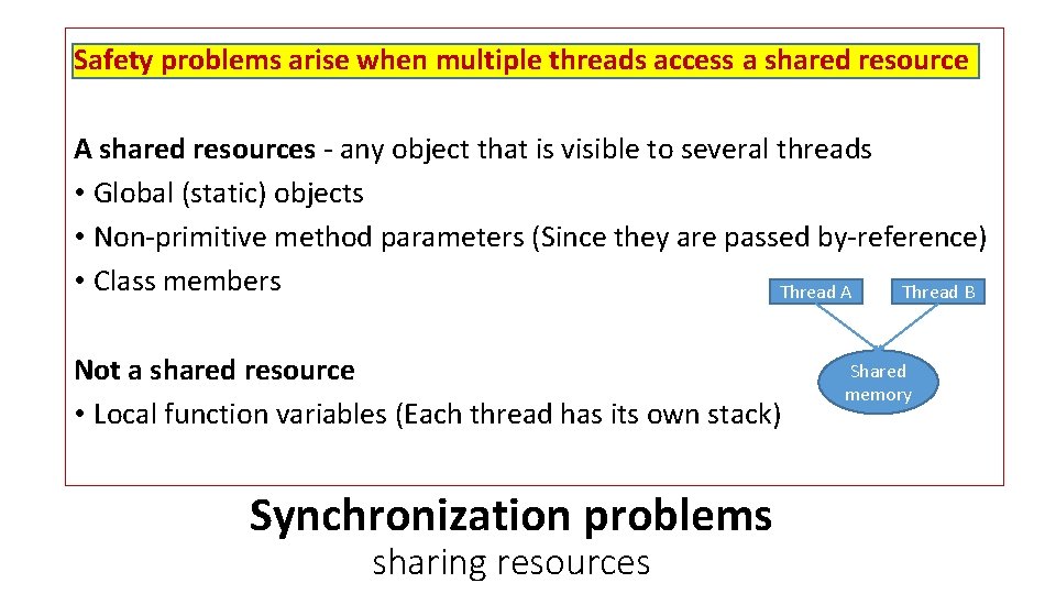 Safety problems arise when multiple threads access a shared resource A shared resources -