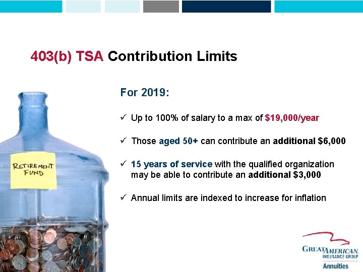 403(b) TSA Contribution Limits For 2019: ü Up to 100% of salary to a