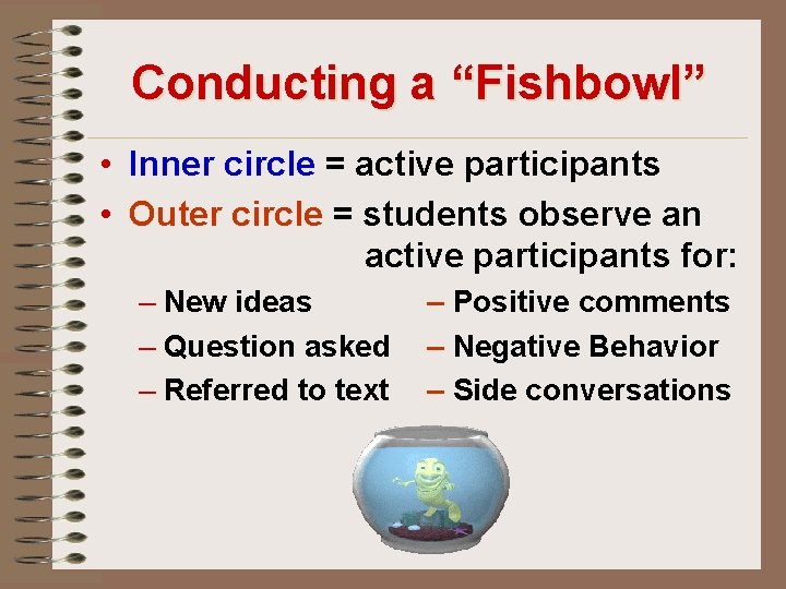 Conducting a “Fishbowl” • Inner circle = active participants • Outer circle = students