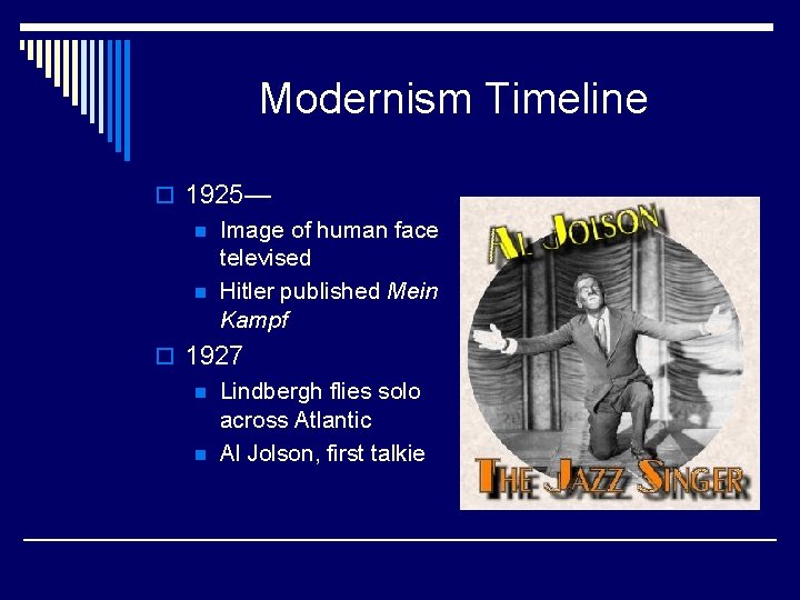 Modernism Timeline o 1925— n Image of human face televised n Hitler published Mein