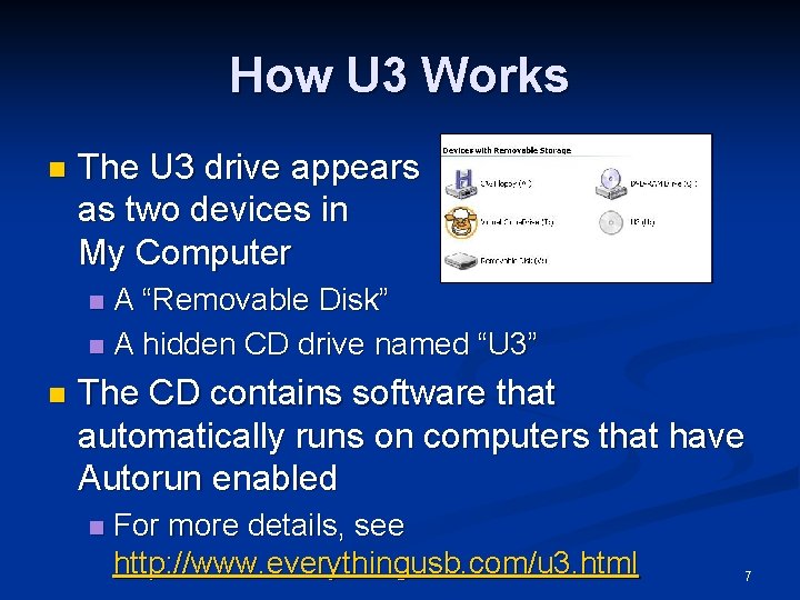 How U 3 Works n The U 3 drive appears as two devices in