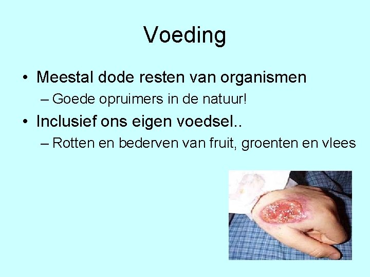 Voeding • Meestal dode resten van organismen – Goede opruimers in de natuur! •