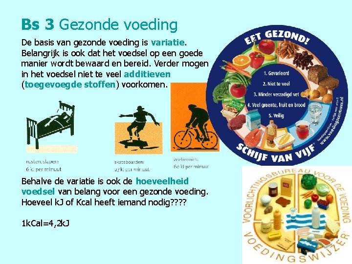 Bs 3 Gezonde voeding De basis van gezonde voeding is variatie. Belangrijk is ook