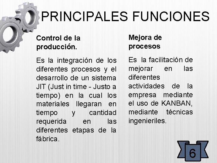 PRINCIPALES FUNCIONES Control de la producción. Mejora de procesos Es la integración de los