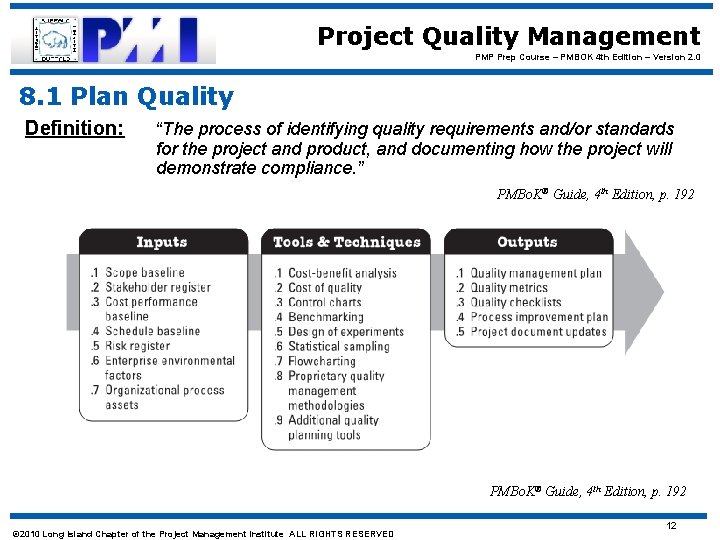 Project Quality Management PMP Prep Course – PMBOK 4 th Edition – Version 2.