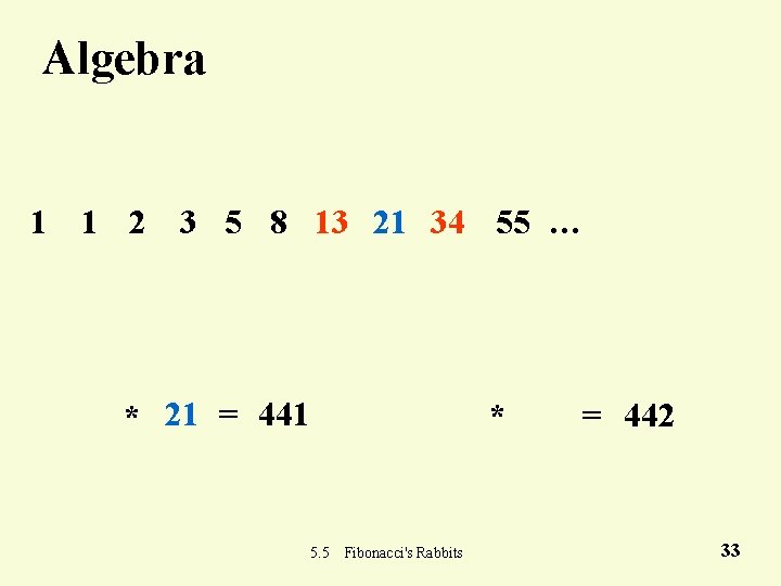 Algebra 1 1 2 3 5 8 13 21 34 55 … * 21