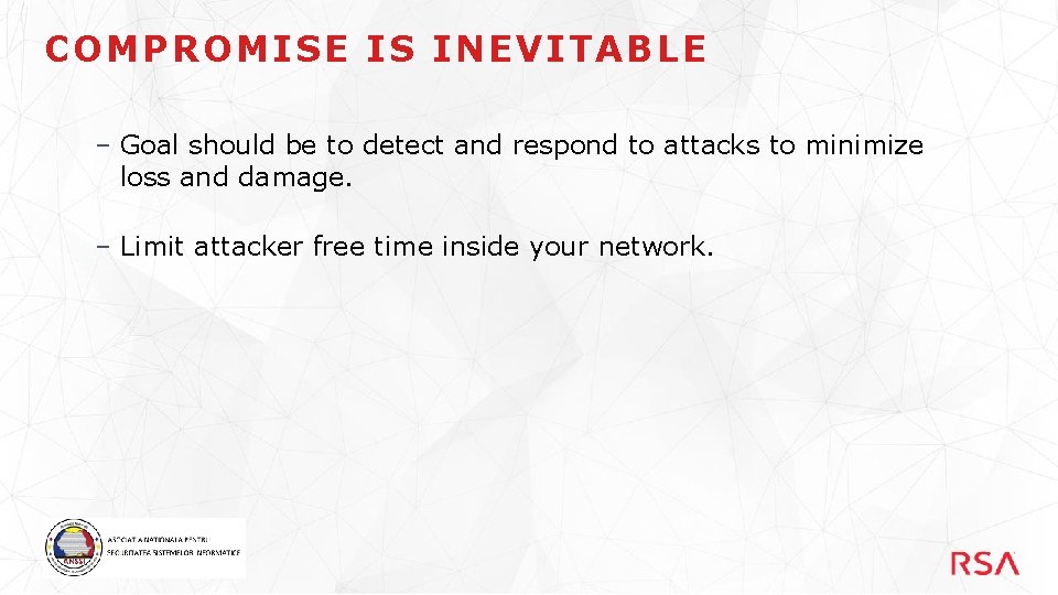 COMPROMISE IS INEVITABLE – Goal should be to detect and respond to attacks to