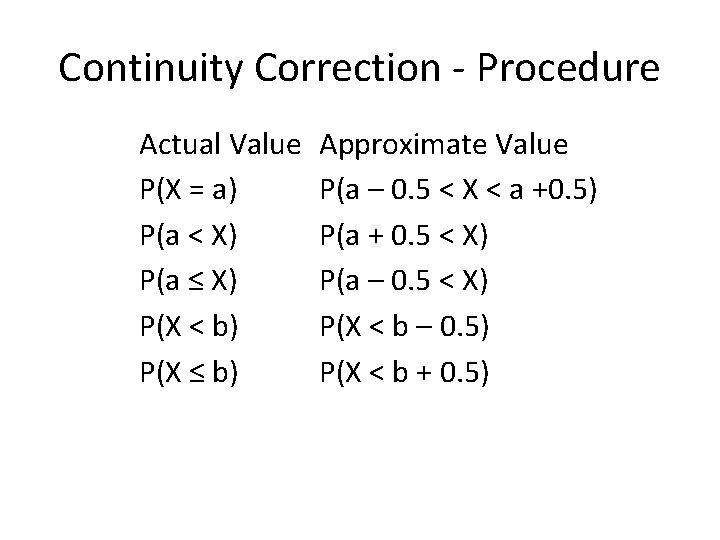 Continuity Correction - Procedure Actual Value P(X = a) P(a < X) P(a ≤