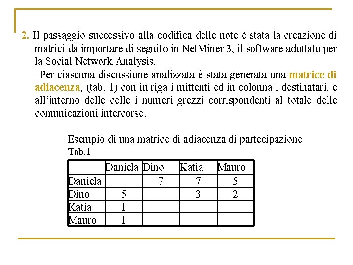 2. Il passaggio successivo alla codifica delle note è stata la creazione di matrici