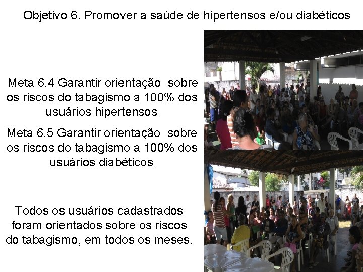  Objetivo 6. Promover a saúde de hipertensos e/ou diabéticos Meta 6. 4 Garantir