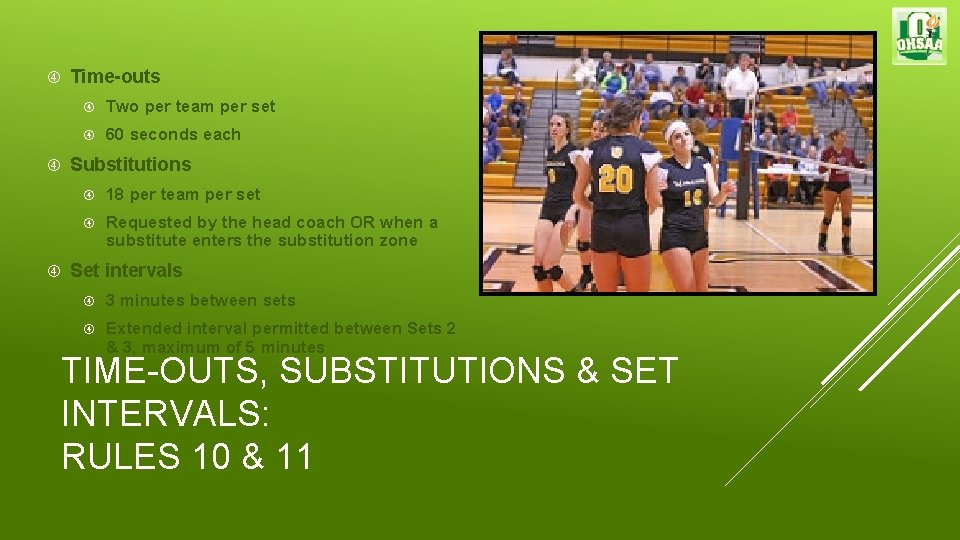  Time-outs Two per team per set 60 seconds each Substitutions 18 per team