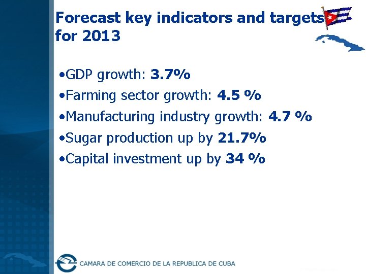 Forecast key indicators and targets for 2013 • GDP growth: 3. 7% • Farming