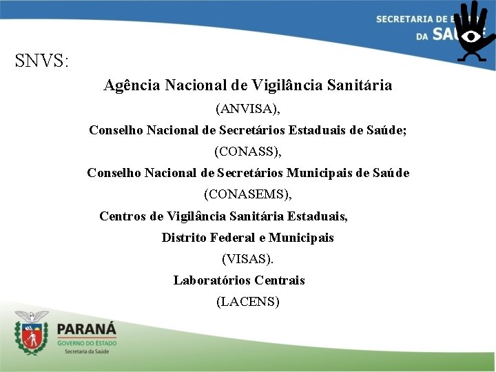 SNVS: Agência Nacional de Vigilância Sanitária (ANVISA), Conselho Nacional de Secretários Estaduais de Saúde;