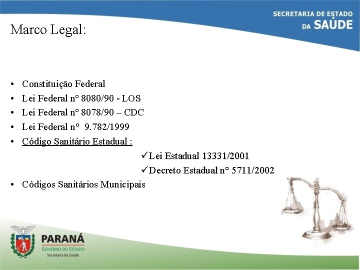 Marco Legal: • • • Constituição Federal Lei Federal nº 8080/90 - LOS Lei