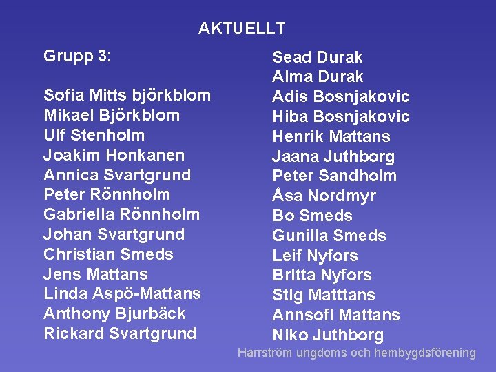 AKTUELLT Grupp 3: Sofia Mitts björkblom Mikael Björkblom Ulf Stenholm Joakim Honkanen Annica Svartgrund