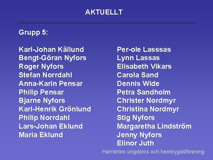 AKTUELLT Grupp 5: Karl-Johan Källund Bengt-Göran Nyfors Roger Nyfors Stefan Norrdahl Anna-Karin Pensar Philip