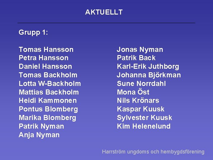 AKTUELLT Grupp 1: Tomas Hansson Petra Hansson Daniel Hansson Tomas Backholm Lotta W-Backholm Mattias