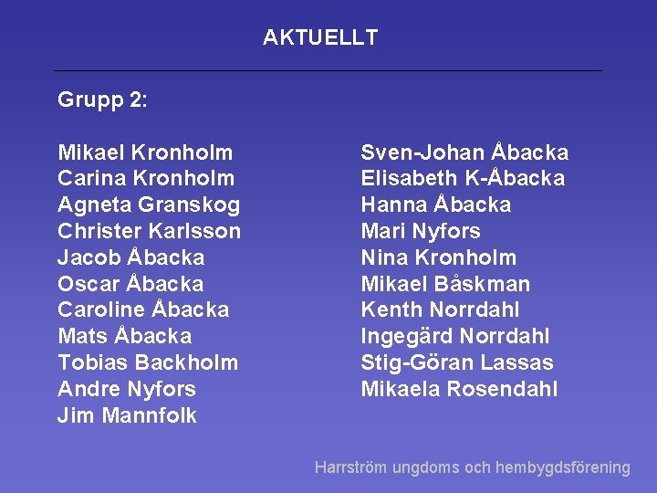 AKTUELLT Grupp 2: Mikael Kronholm Carina Kronholm Agneta Granskog Christer Karlsson Jacob Åbacka Oscar