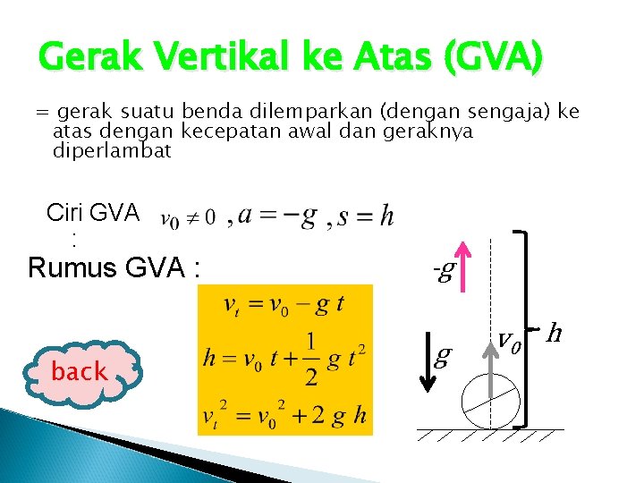 Gerak Vertikal ke Atas (GVA) = gerak suatu benda dilemparkan (dengan sengaja) ke atas