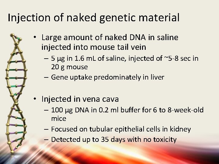 Injection of naked genetic material • Large amount of naked DNA in saline injected