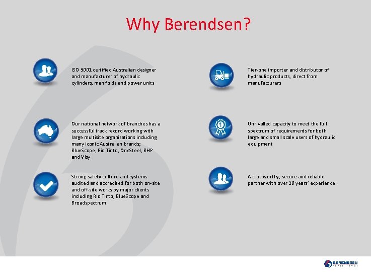 Why Berendsen? ISO 9001 certified Australian designer and manufacturer of hydraulic cylinders, manifolds and