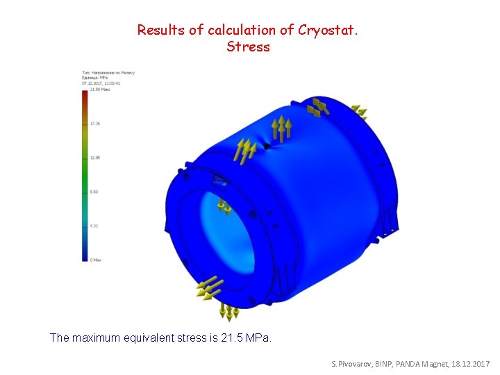 Results of calculation of Cryostat. Stress The maximum equivalent stress is 21. 5 MPa.
